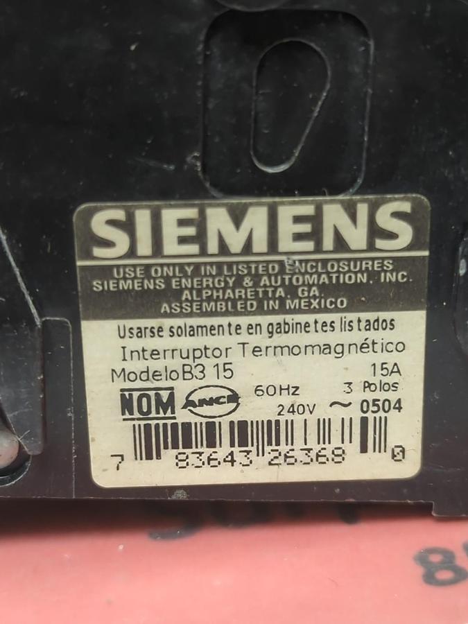 Used SIEMENS,B315,CIRCUIT BREAKER 3-POLE 15 AMP LOT OF 3 PRE-OWNED