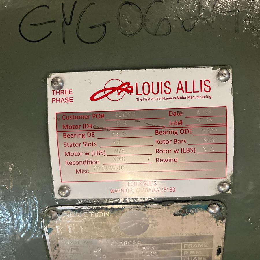 Used LOUIS ALLIS,JX,MOTOR 7.5HP 1160RPM 440V 3PH FR 324