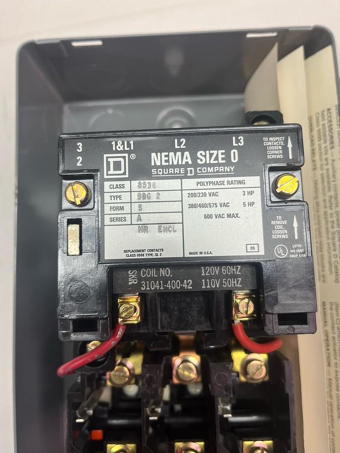 SQUARE D,8536SBG2SA,SIZE 0 FULL VOLTAGE MOTOR STARTER 5HP COIL 110/120V
