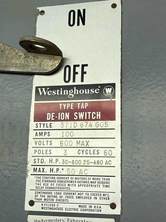 Used Westinghouse,Tap DE-ION 371D-674-G05,Switch Busway Plug 100A 600V 30-600HP