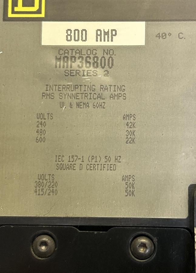 Used SQUARE D,MAP36800,CIRCUIT BREAKER 800A 600V 3P