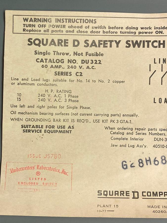 Used Square D,DU 322,Safety Switch 60A 240VAC
