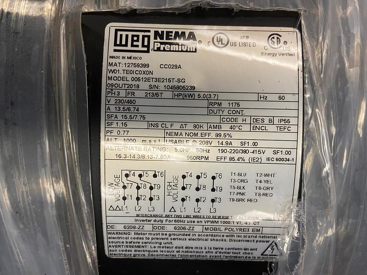 Used WEG,00512ET3E215T-SG,5Hp Motor 1175RPM 230/460V Frame 213/5T 12759399