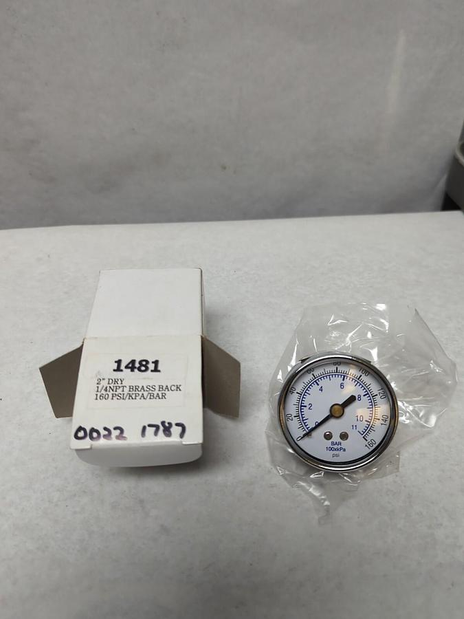 UNBRANDED,1481,2 INCH DRY 1/4 NPT BRASS BACK GAUGE 160 PSI/KPA/BAR NOS