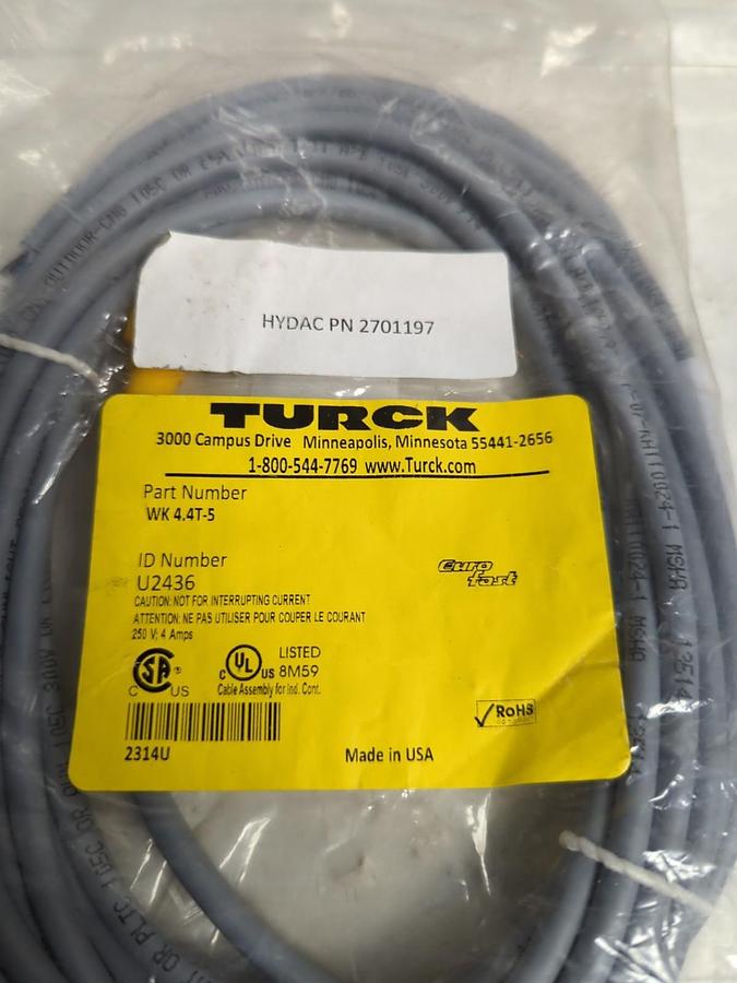 TURCK,WK 4.4T5,EUROFAST CABLE/CONNECTOR U2436 NOS