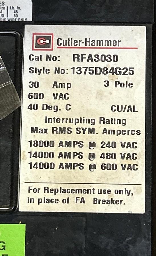 Used CUTLER-HAMMER,RFA3030,CIRCUIT BREAKER 30A 600V 3P NEW