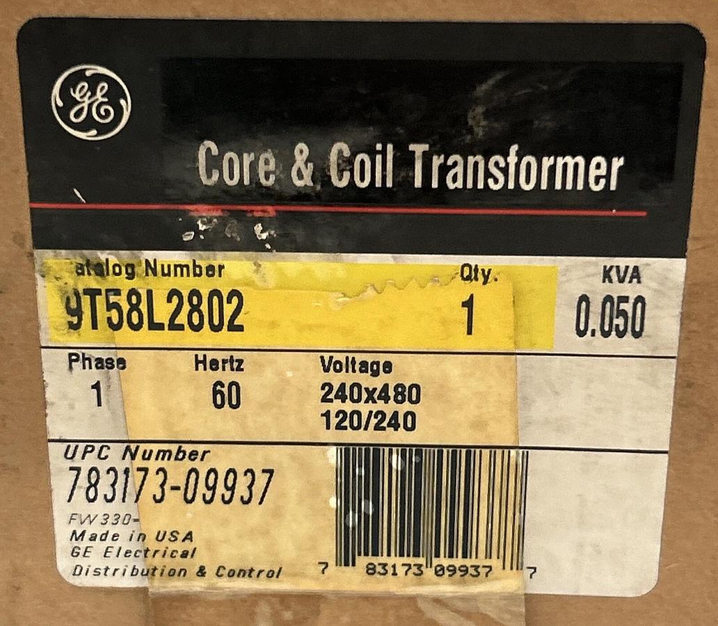 Used GENERAL ELECTRIC,9T58L2802,CORE & COIL TRANSFORMER .050KVA 120/240 240X480V NEW