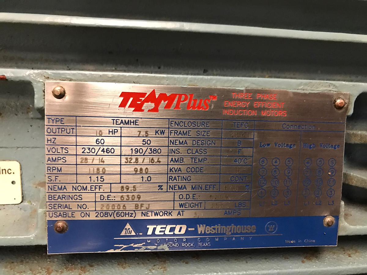 Used Teco Westinghouse TeamPlus,10HP,Induction Motor 1180RPM 230/460V Fr 256T