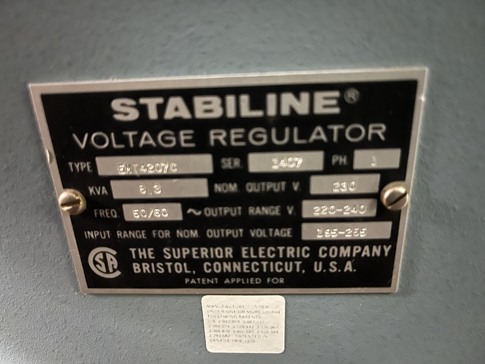 Used STABILINE,EMT4207C,VOLTAGE REGULATOR 8.3KVA 1PH OUTPUT 230V