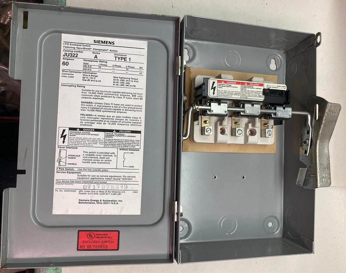 Used Siemens,JU-322,ITE Enclosed Switch 60A 240VAC Type 1