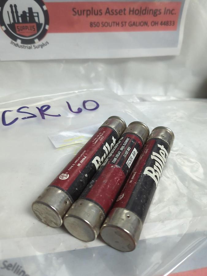 Used EDISON,ECSR-60,BULLET TIME-DELAY 60 AMP FUSE LOT OF 3 PRE-OWNED