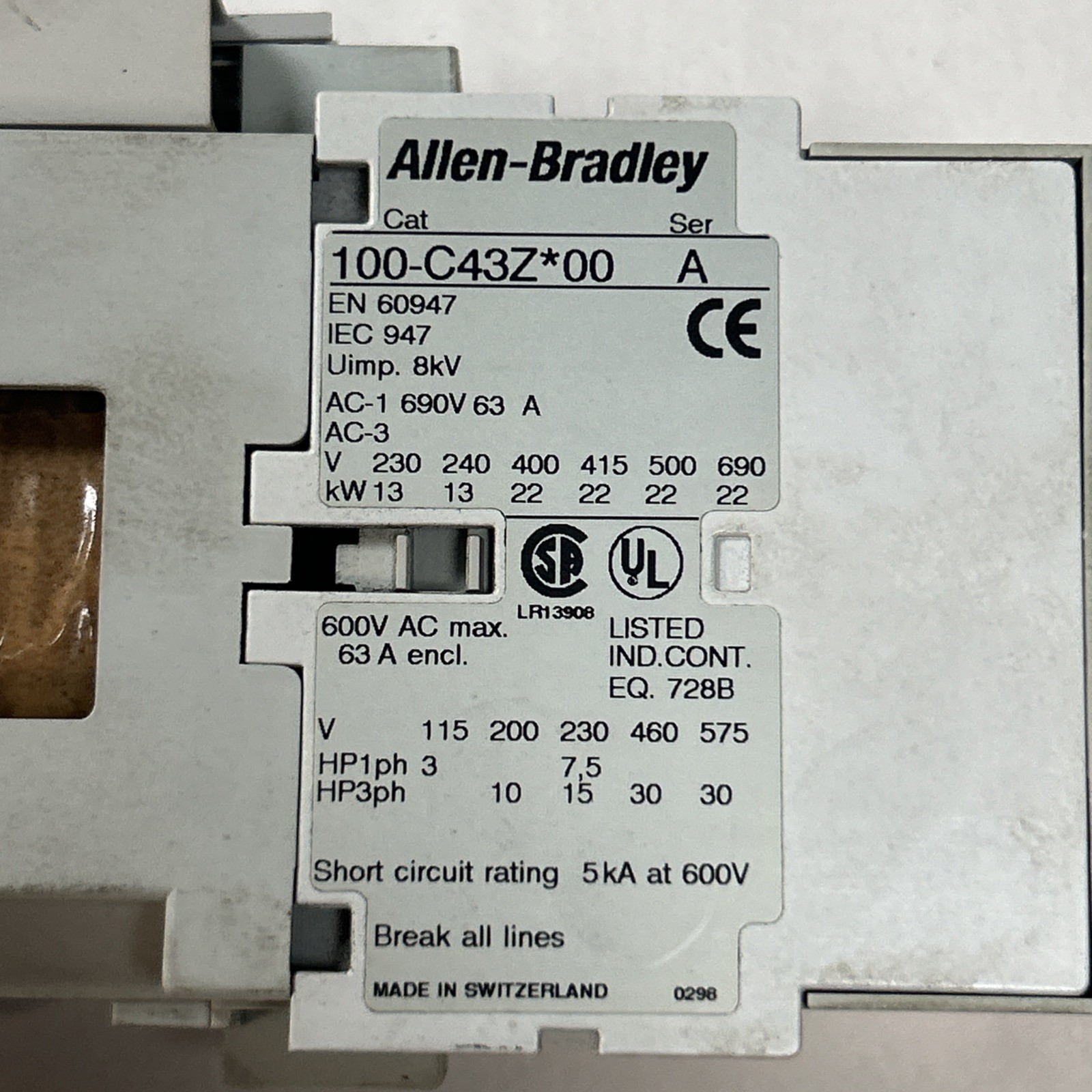 Used ALLEN BRADLEY,100-C43ZQ00,CONTACTOR 24VDC COIL