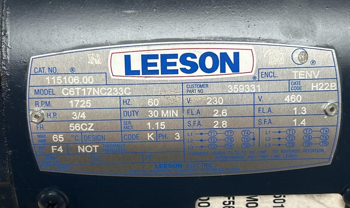 Used LEESON,115106.00,MOTOR 3/4HP 1725RPM 230/460V 56CZ FRAME
