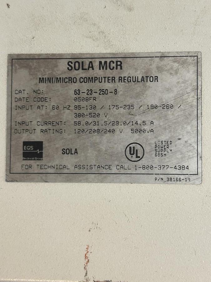 Used SOLA,63-23-250-8,MINI/MICRO COMPUTER REGULATOR TRANSFORMER 5000VA
