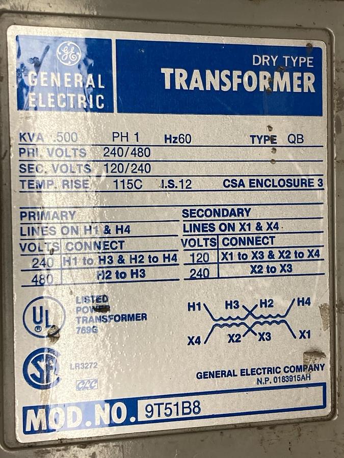 Used General Electric,Model 9T51B8,1-Phase Dry Type Transformer 060Hz