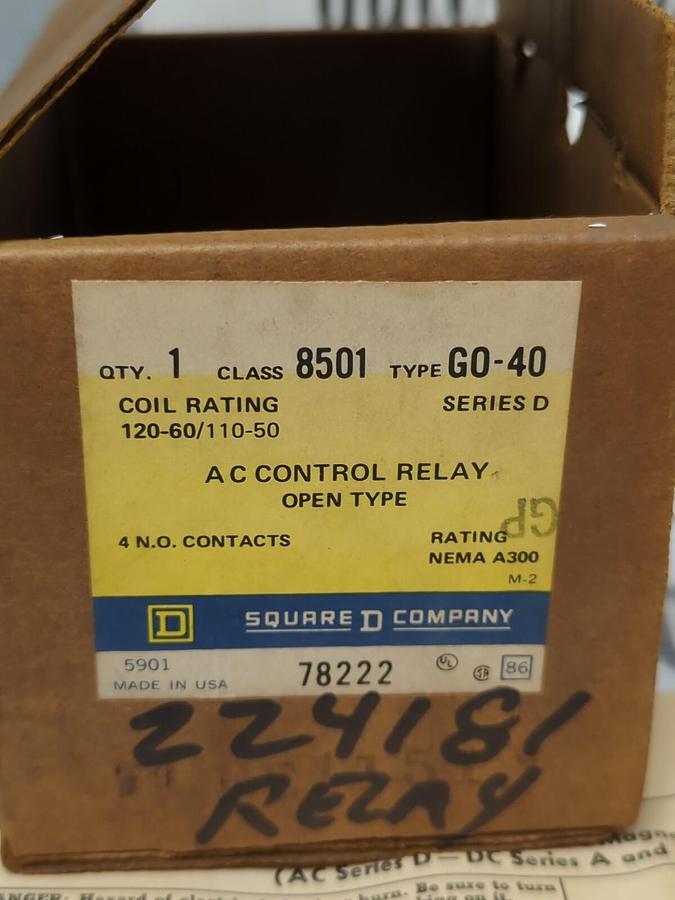 SQUARE D,78222,CLASS 8501 TYPE G0-40 SERIES D OPEN TYPE AC CONTROL RELAY