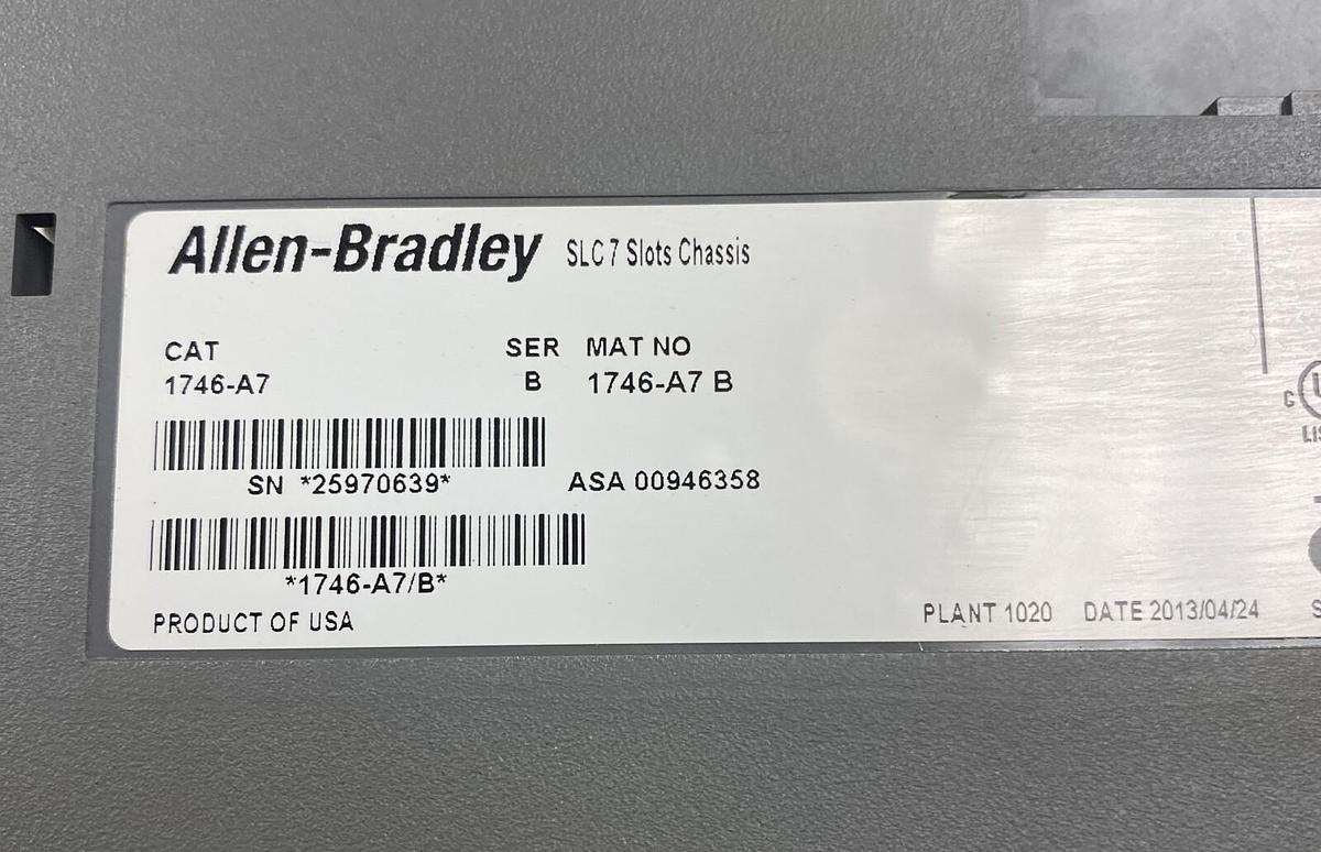 Used Allen-Bradley,1746-A7 SLC,7 Slot Chassis W/ 1746-P2 Power Supply