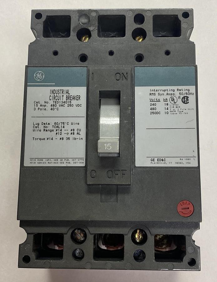 Used GENERAL ELECTRIC,TED134015,CIRCUIT BREAKER 15A 480V 3P