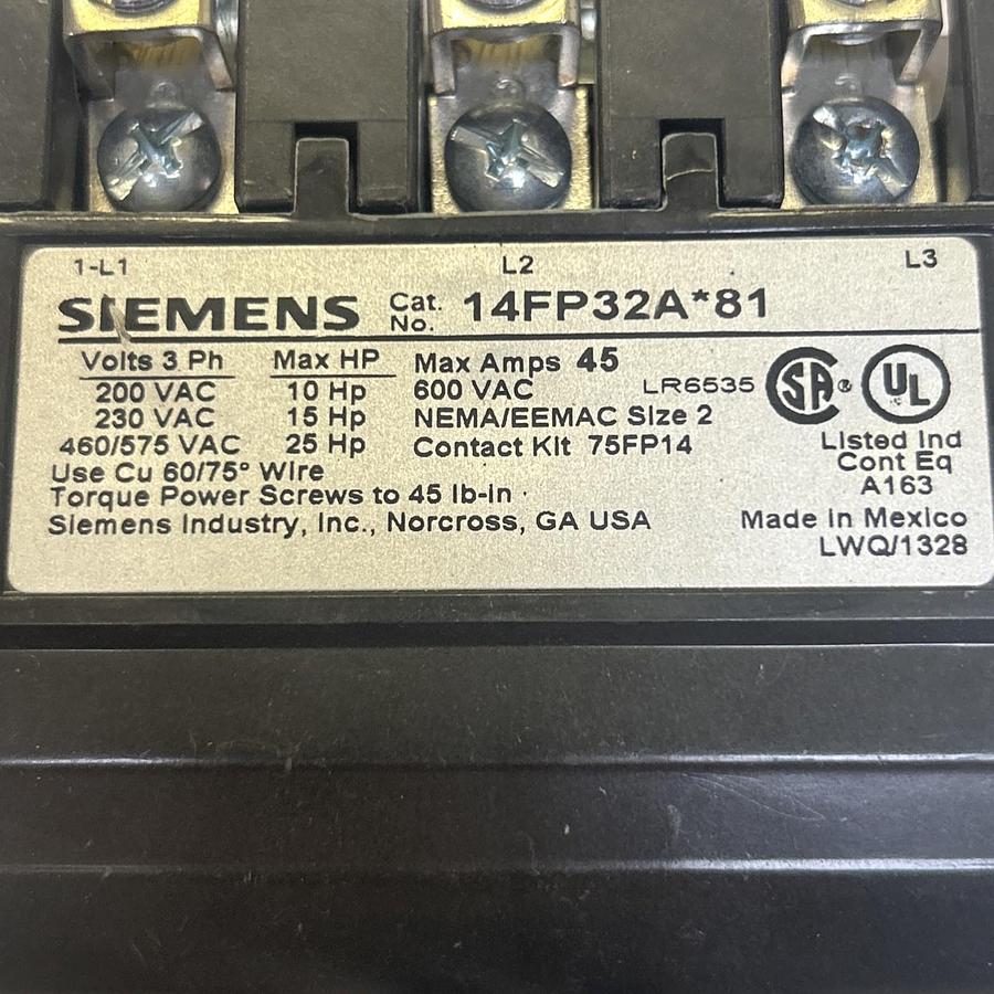 Used SIEMENS,14FP32A*81,STARTER SIZE 2 45A 600V