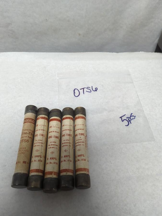Used SHAWMUT,OTS6,ONE-TIME 6 AMP FUSE LOT OF 5 PRE-OWNED