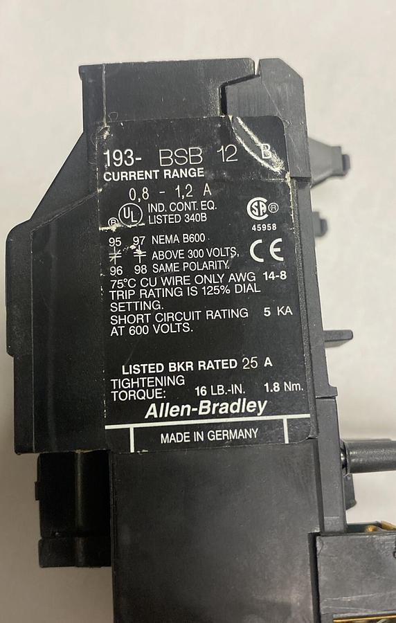 Used ALLEN BRADLEY,193-BSB-12,SER B OVERLOAD RELAY 0.8-1.2A LOT OF 3