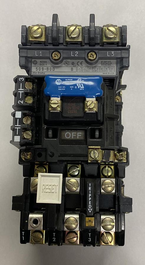 Used ALLEN BRADLEY,509-BOD,SER B SIZE 1 FULL VOLTAGE NON-REVERSING STARTER 27A 600V