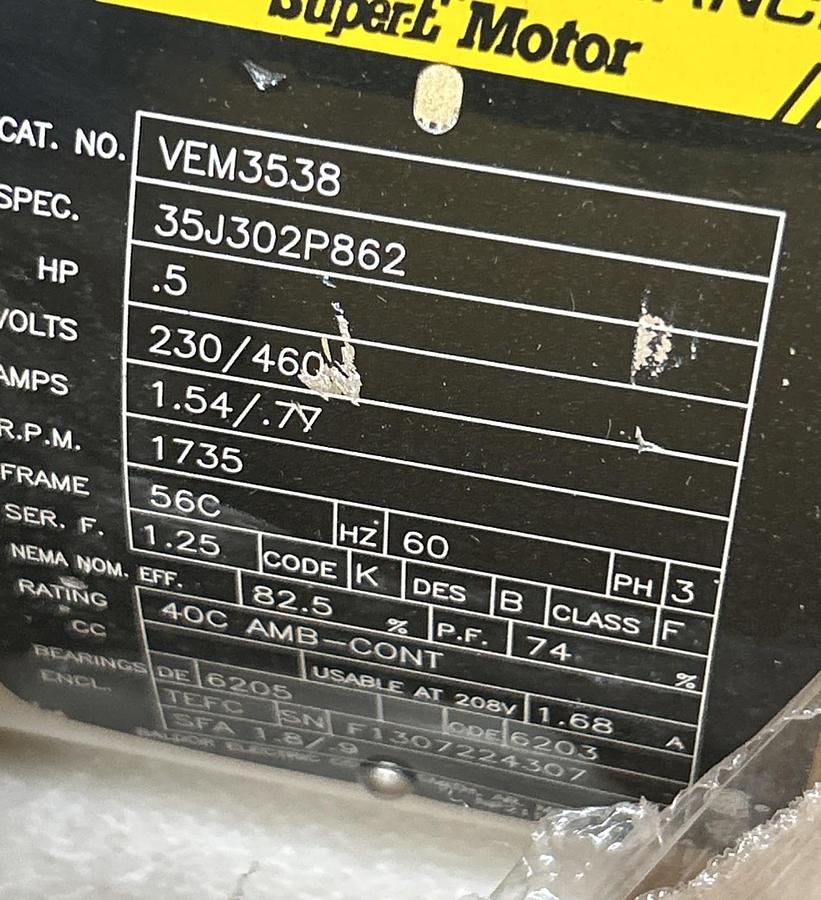 BALDOR,VEM3538,SUPER E MOTOR 1/2HP 1735RPM 230/460V 3PH 56C FRAME