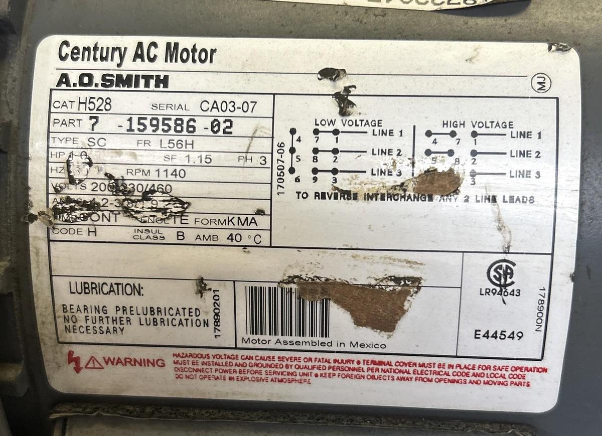 Used AO SMITH,H528,AC MOTOR 1HP 1140RPM 208-230/460V 3PH L56H FRAME