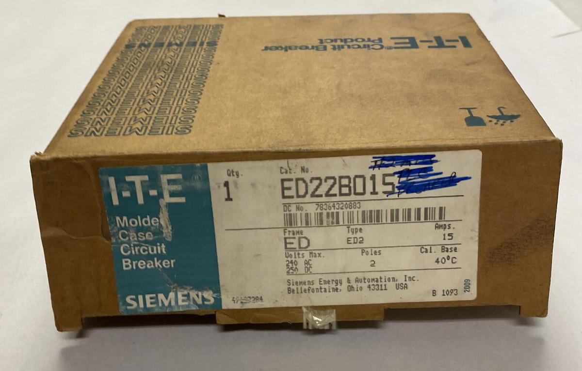 Used ITE SIEMENS,ED22B015,CIRCUIT BREAKER 15A 240V 2P NEW
