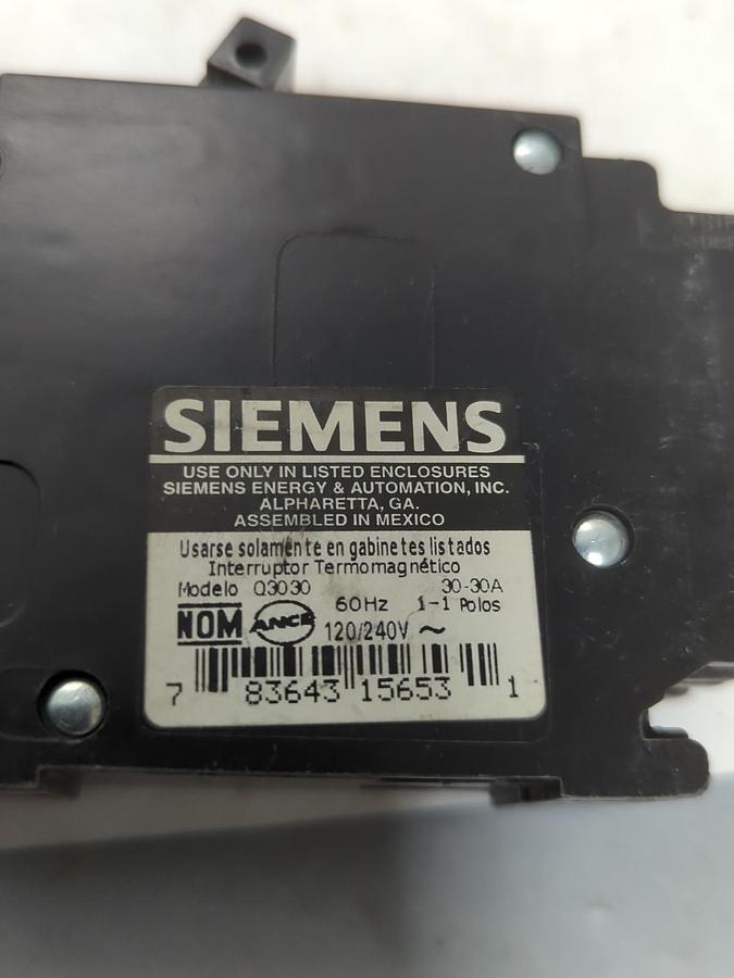 Used SIEMENS,Q3030,CIRCUIT BREAKER 30 AMP 1-POLE LOT OF 5 PRE-OWNED