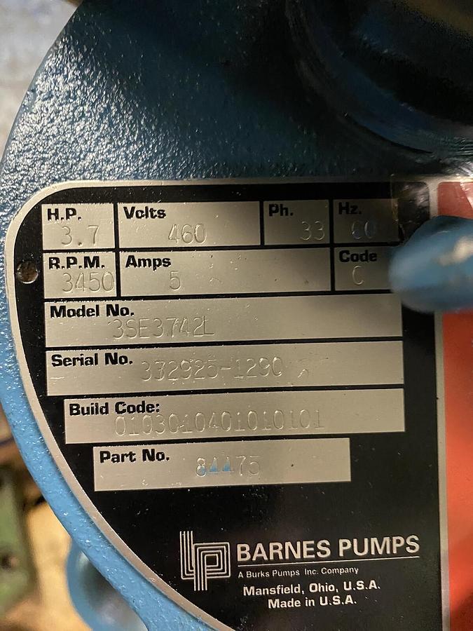 BURKS BARNES,3SE3742L,SUMP PUMP 3 INCH 3.7HP 460V 3450RPM