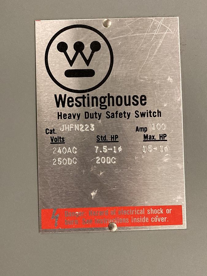 Used Westinghouse,JHFN223,Heavy Duty Disconnect Switch 100A 240AC 250DC