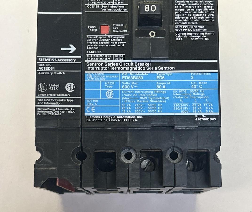 Used SIEMENS,ED63B080,CIRCUIT BREAKER 80A 600V 3P