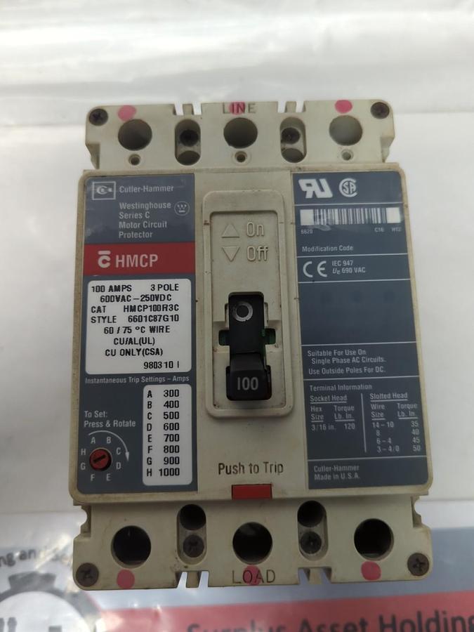 Used CUTLER HAMMER,HMCP100R3C,CIRCUIT BREAKER 100 AMP 3-POLE STYLE 6601C87G10