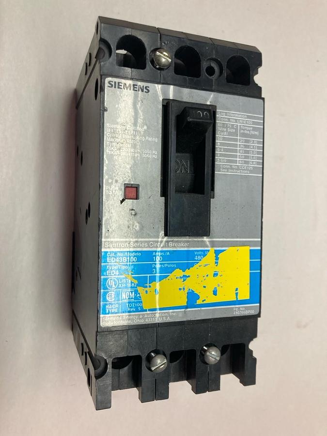 Used Siemens,ED43B100,Bolt-On Circuit Breaker 100A 480V