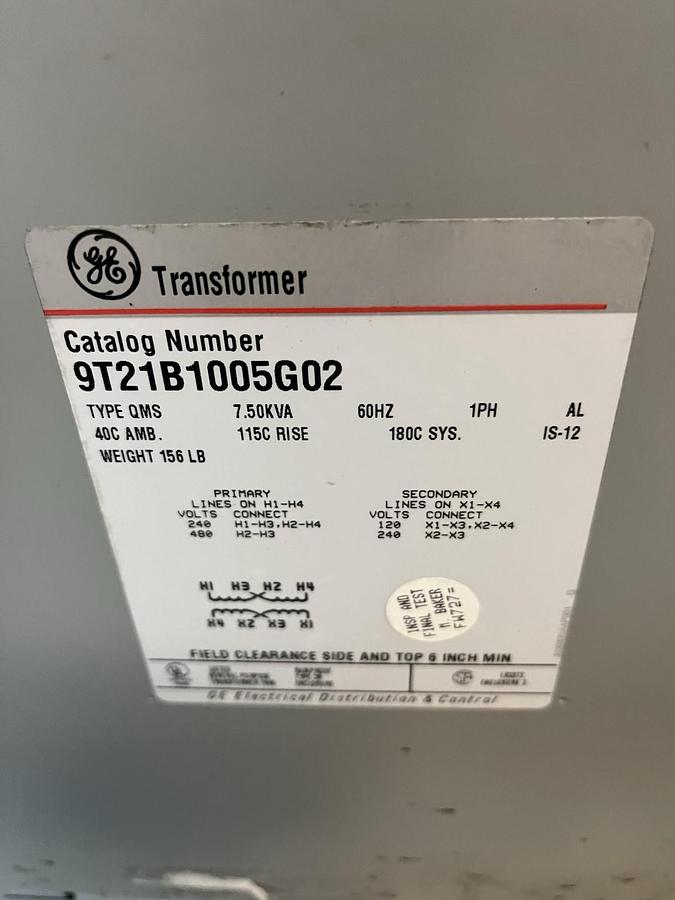 GE,9T21B1005G02,TRANSFORMER 7.5KVA HV 240X480V LV 120X240V 1PH