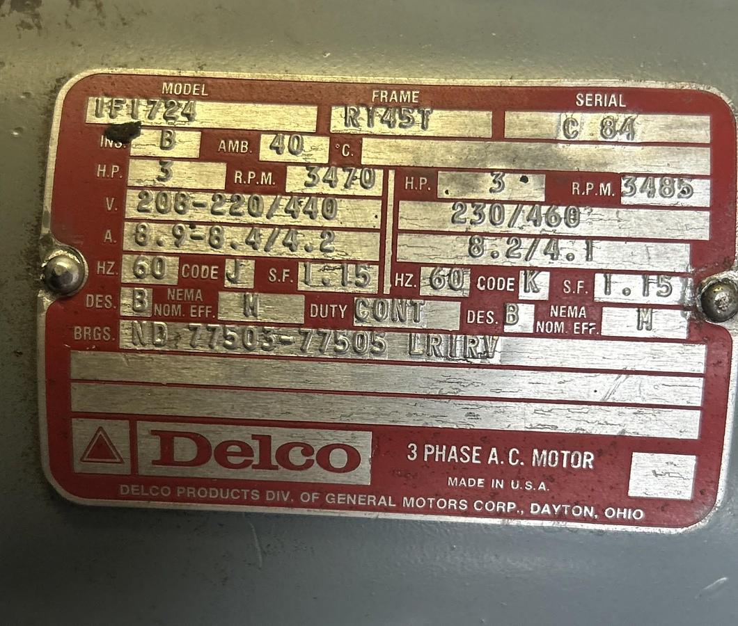 Used DELCO,1F1724,AC MOTOR 3HP 3470RPM 208-220/440V 3PH RY45T FRAME