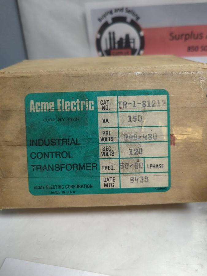 ACME ELECTRIC,TA-1-81212,TRANSFORMER PRI: 240/480V SEC: 120V NOS