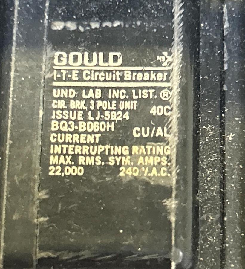 Used GOULD ITE,BQ3-B060H,CIRCUIT BREAKER 60A 240V 3P