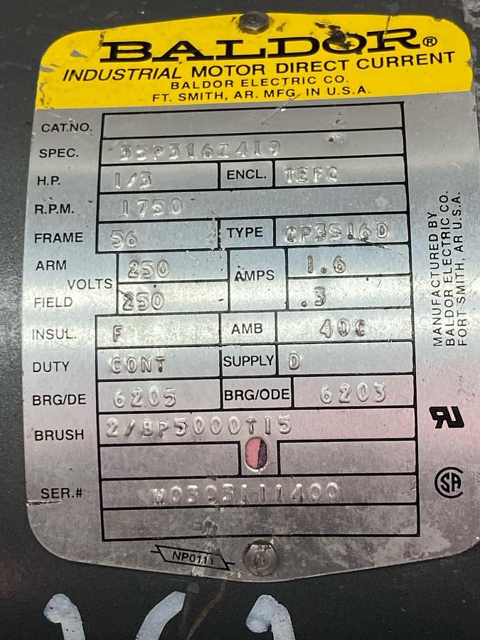 Used Baldor,56 Frame,Industrial Motor 1/3Hp 1750 RPM