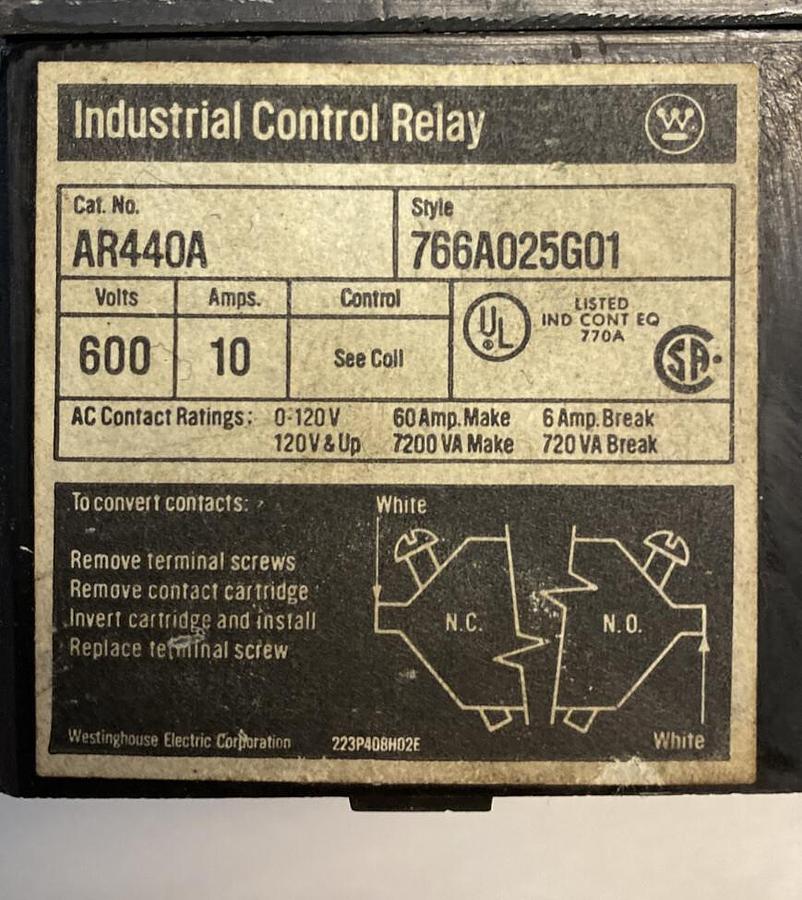 Used Westinghouse,AR440A,Style 776A025G01 Industrial Control Relay 10AMP 600V