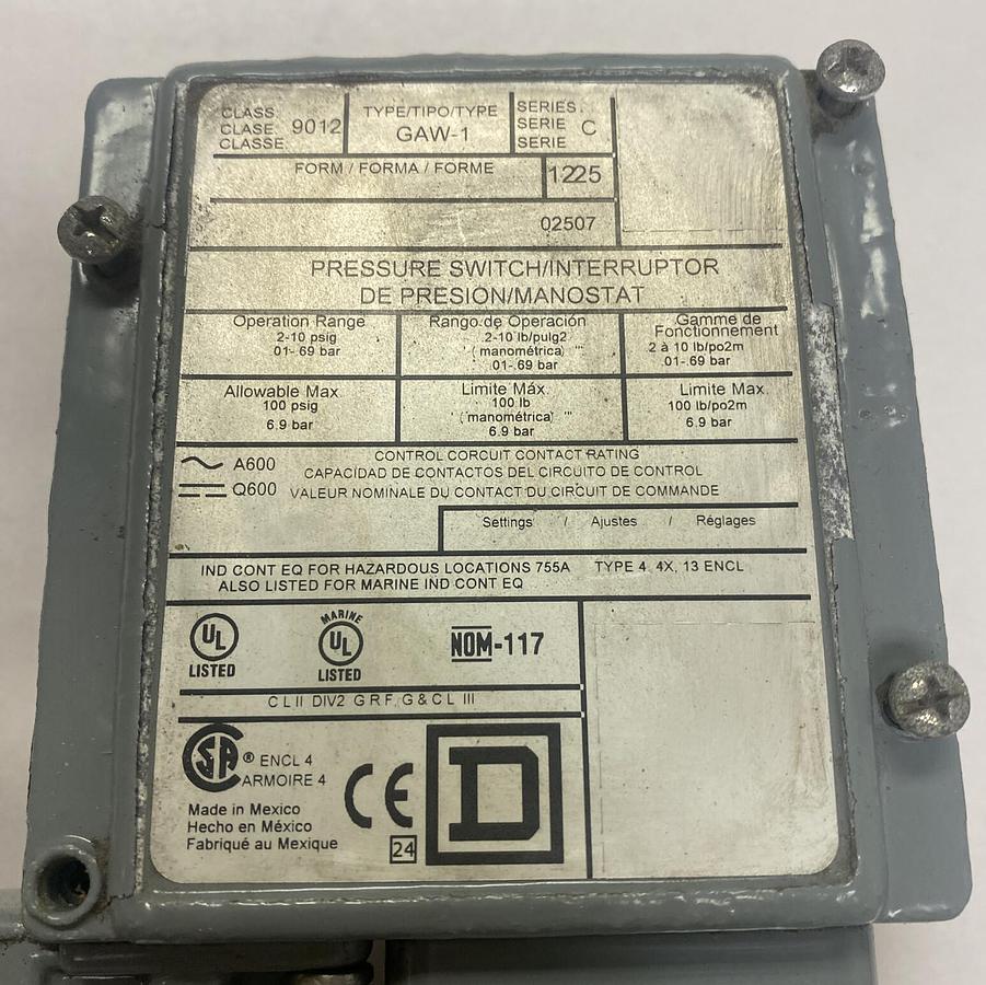 Used Square D,9012GAW-1,Pressure Switch