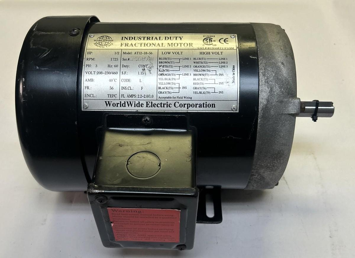 WORLDWIDE ELECTRIC,AT12-18-56,FRACTIONAL MOTOR 1/2HP 1725RPM 208-230/460V 56 FR