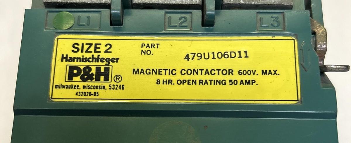 Used P&H,479U106D11,MAGNETIC CONTACTOR SIZE 2 50A 600V