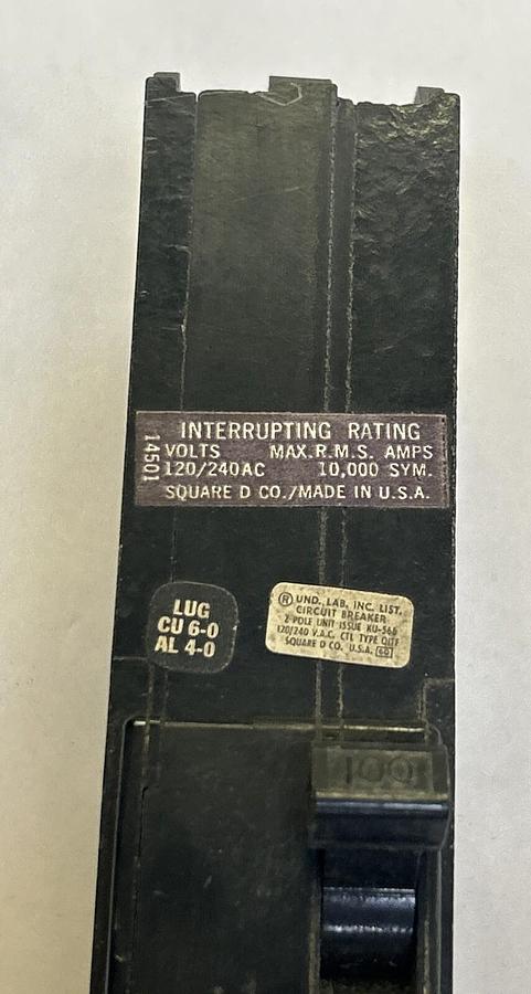 Used SQUARE D,Q12100TFZ,CIRCUIT BREAKER 100A 120/240V 2P