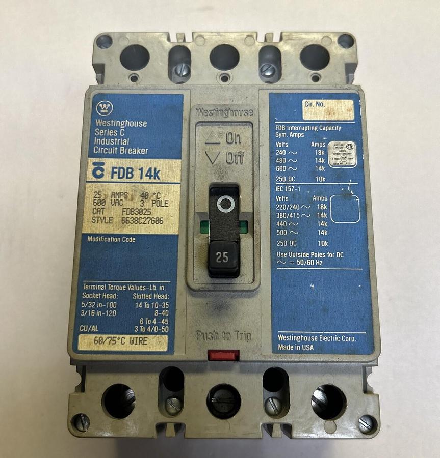 Used WESTINGHOUSE,FDB3025,CIRCUIT BREAKER 25A 600V 3P