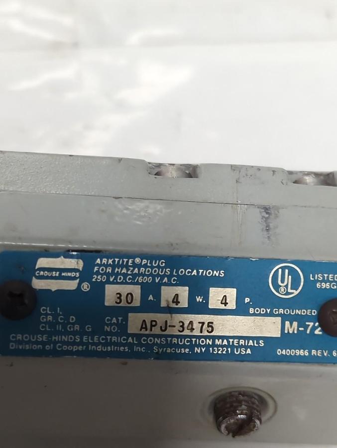 Used CROUSE-HINDS,APJ-3475,ARKTITE APJ PLUG 30A 4W 4P PRE-OWNED
