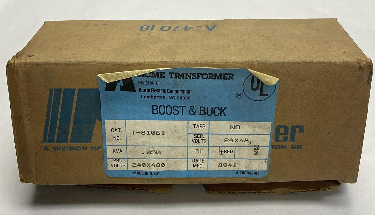 ACME ELECTRIC,T-81061,TRANSFORMER 1PHASE 240X480 24X48X 50VA NOS