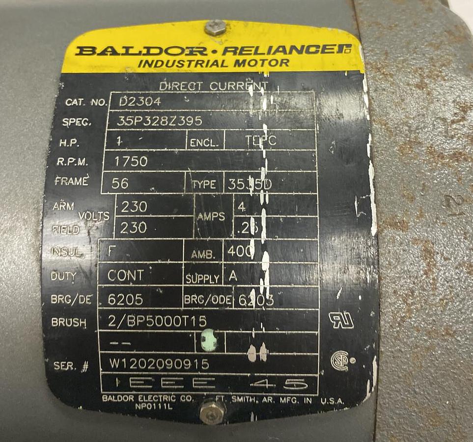 Used Baldor,D2304,DC Motor 1HP 1750 RPM 4.25AMP 230V Frame 56