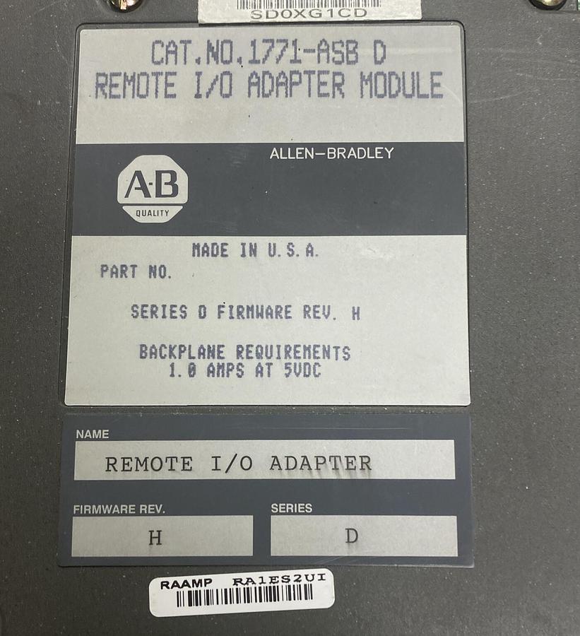 Used ALLEN BRADLEY,1771-ASB,SER D REMOTE INPUT/OUTPUT ADAPTER MODULE REFURBISHED